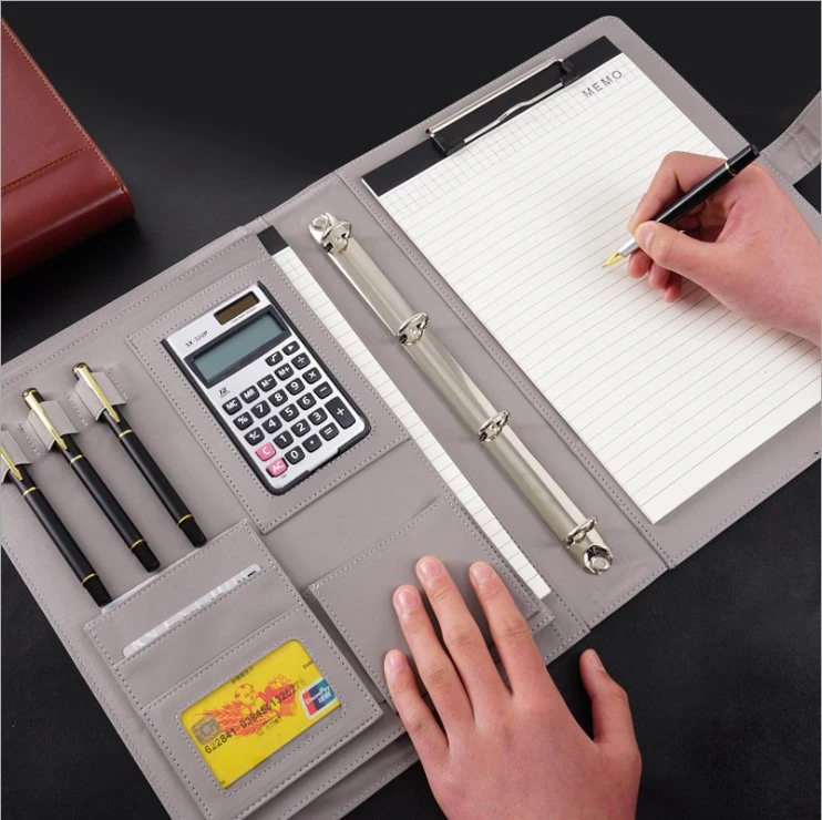 Hardcover Custom Logo Printed A4 Wholesale Leather File Folder with Calculator