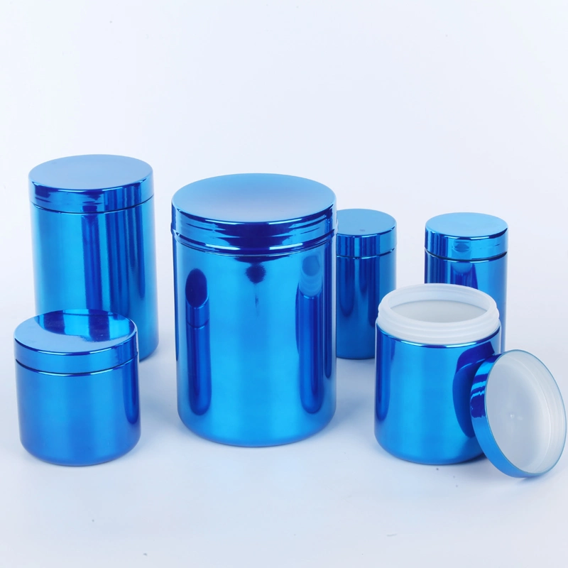 SGS Certificate Chrome Metallic UV Blue Plastic Bottle Food Packaging Container 13oz Jar