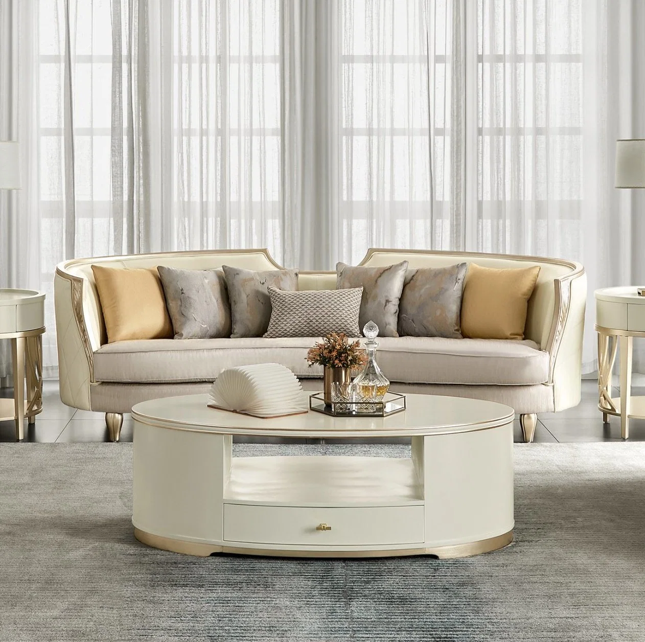Muebles de hogar modernos, lujoso sofá de madera seccional para sala de estar, de cuero y tela.