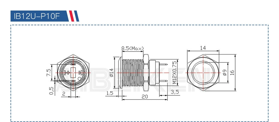 16mm 12V hochwertiger Flachkopf Edelstahl Tastmetall Drucktastenschalter mit 2 Pins