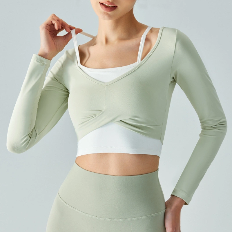 New Hanging Neck Fake Two Piece Semi Fixed Cups Front Chest Cross Ruffle Slim Fitness Yoga Long Sleeve Top