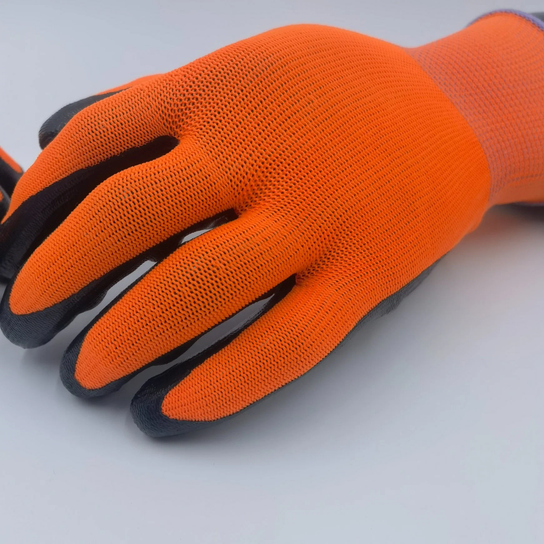 El trabajo de Nylon 13 meden Guantes de nitrilo de poliéster de color naranja con recubrimiento de nitrilo Shell Guantes de trabajo con el logotipo de impresión