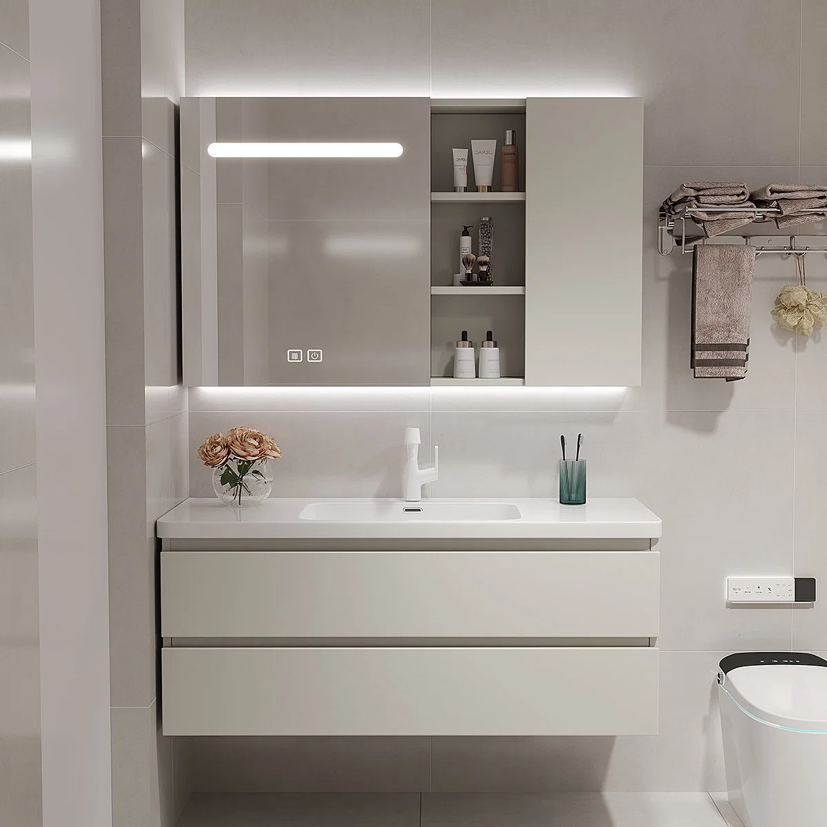 Nordic Bathroom Washbasin Cabinet Combination Cream Wind Bathroom Cabinet Seamless Rock Slab Integrated Basin Bathroom Cabinet