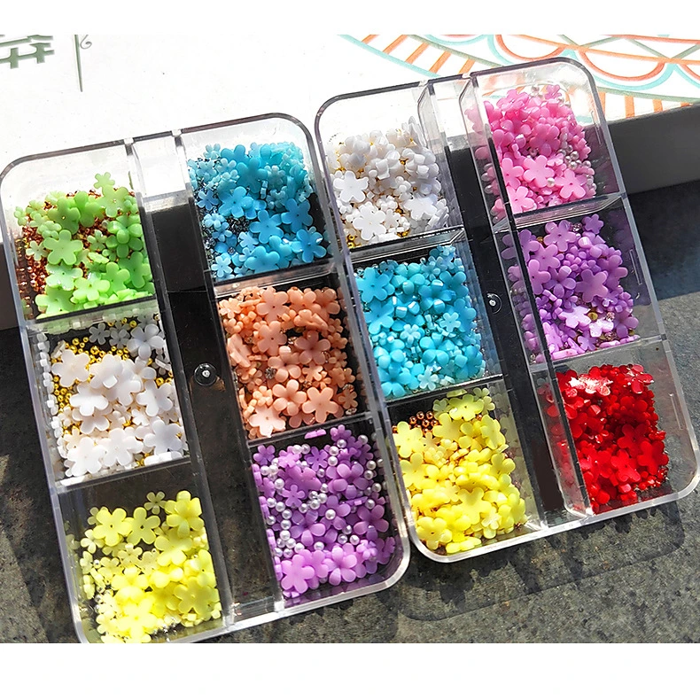 New Design 6 Grid Five Petal Resin Flower Mixed 3D Acrylic Flower Nail Charms for Nails Decoration