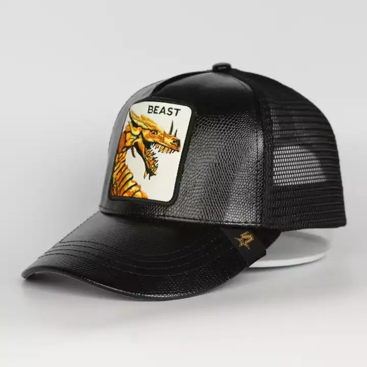 Painel 5 Homens Sports equipado de Anime Hat Gorras Couro PU Preto Gorros Bordados Personalizados Dragon Logotipo Animal Camionista Malha Pac para homens