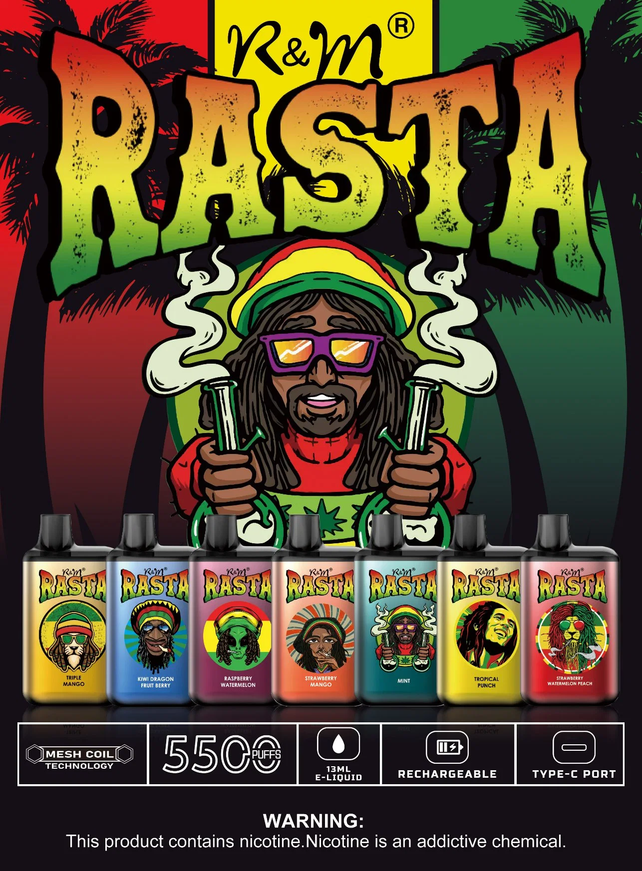 Randm Rasta 5500 Puffs Mesh Coil New Hot Sale Rechargeable Vape Wholesale E Cigarette