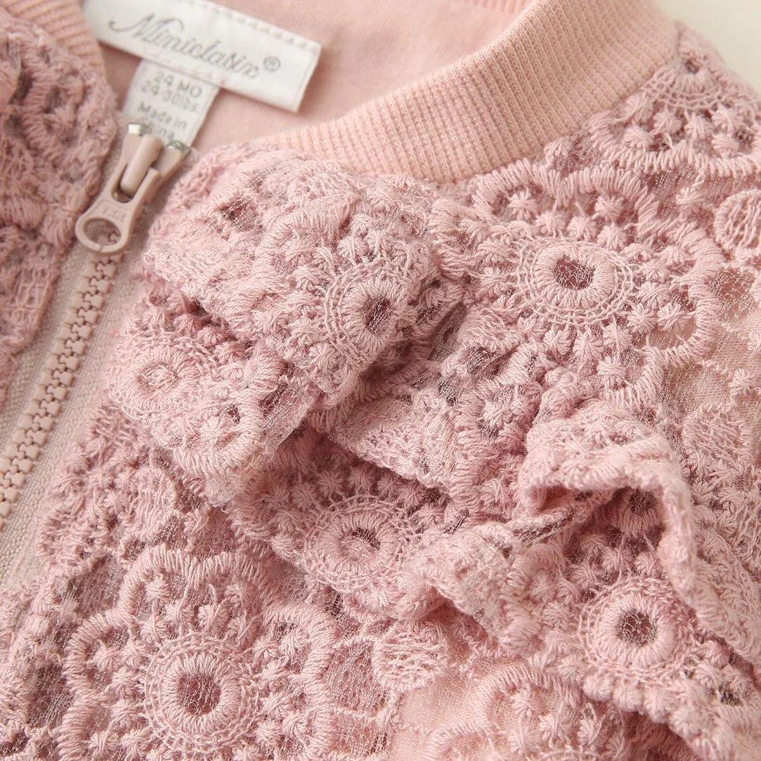 2022 Fashion Girl Baby Pink Jacket Clothing with Lace Fabric and Cotton Lining