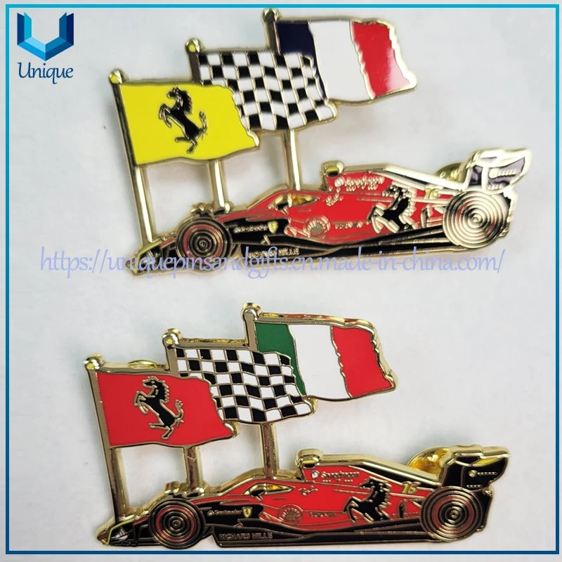 Custom Design Hard Enamel French /Italian Flag Racing Car Pin in Multiple Color Assorted