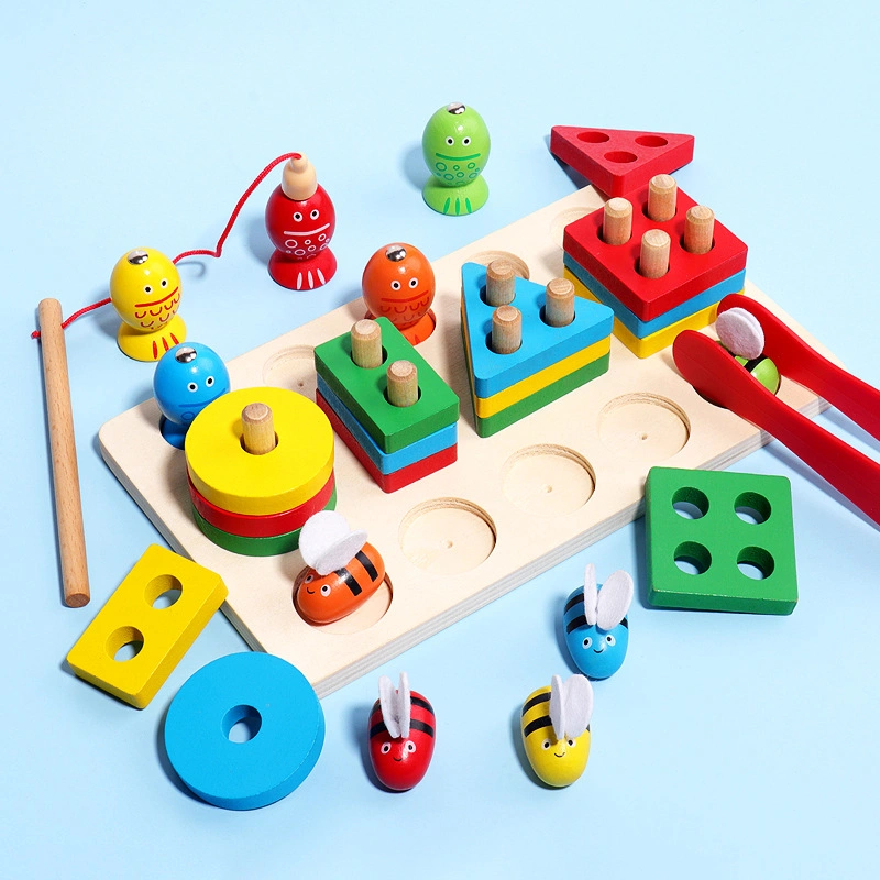 Montessori Multifunction Board Fishing Wooden Toys Geometric Cognition Kids Math Toys Early Educational Toys for Children