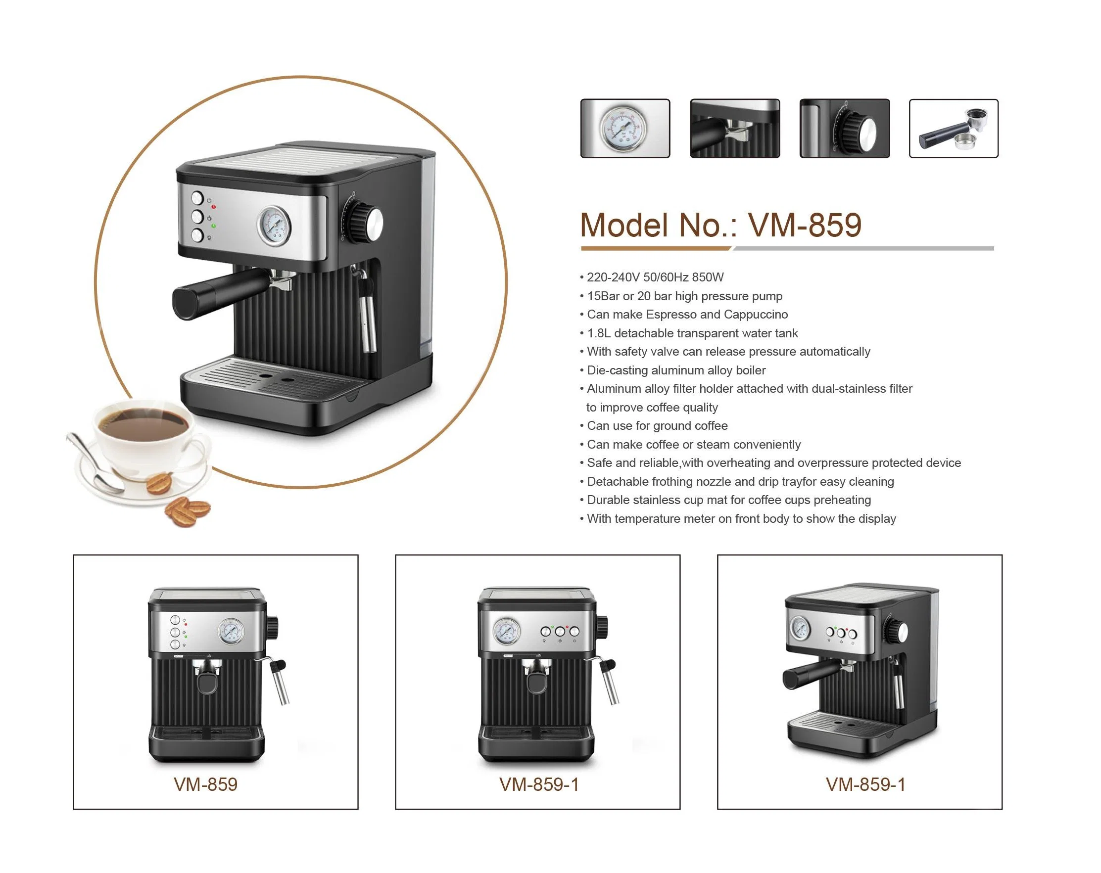 Home Appliance 15PA Electric Portable Italy Espresso Coffee Maker with Foam Maker/ Coffee Machine