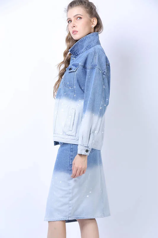 Moda Ropa Mujer&amp;Bleached-Blue OEM ODM mancha de color Imprimir chaqueta de manga larga Oversize straight fit señoras Denim Jeans trajes