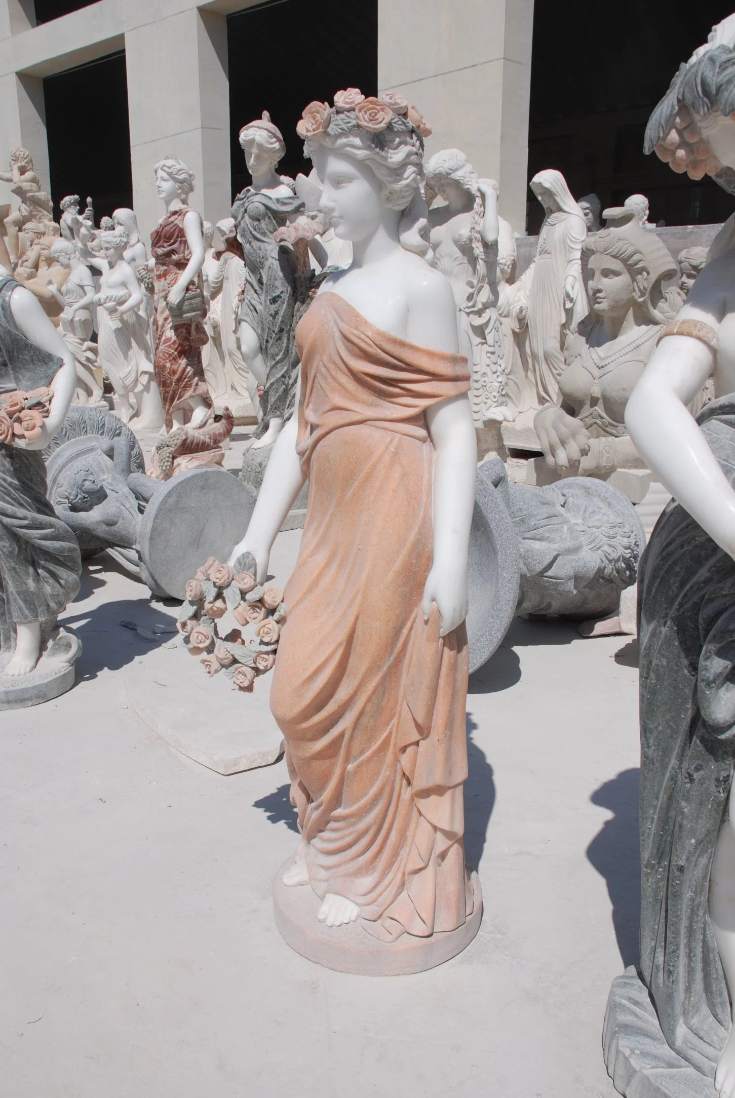 Marble Statue Natural Stone Hand Carved Marble Female Statue with Flowers Sculpture (SYMS-1116)