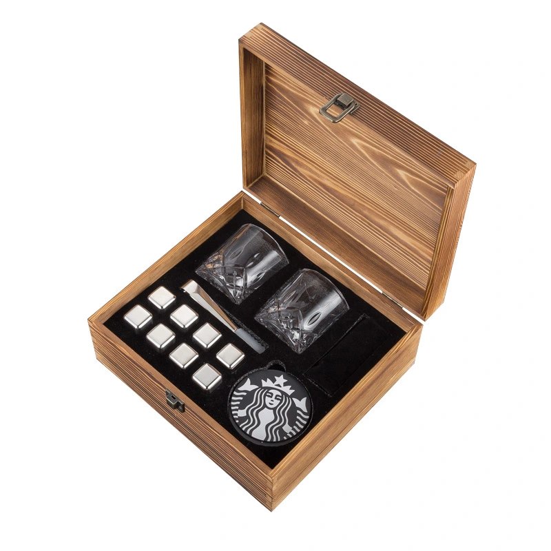 Wood Box Stainless Steel Reusable Ice Cube Chilling Stone and Glass Set with Whiskey Stones Set