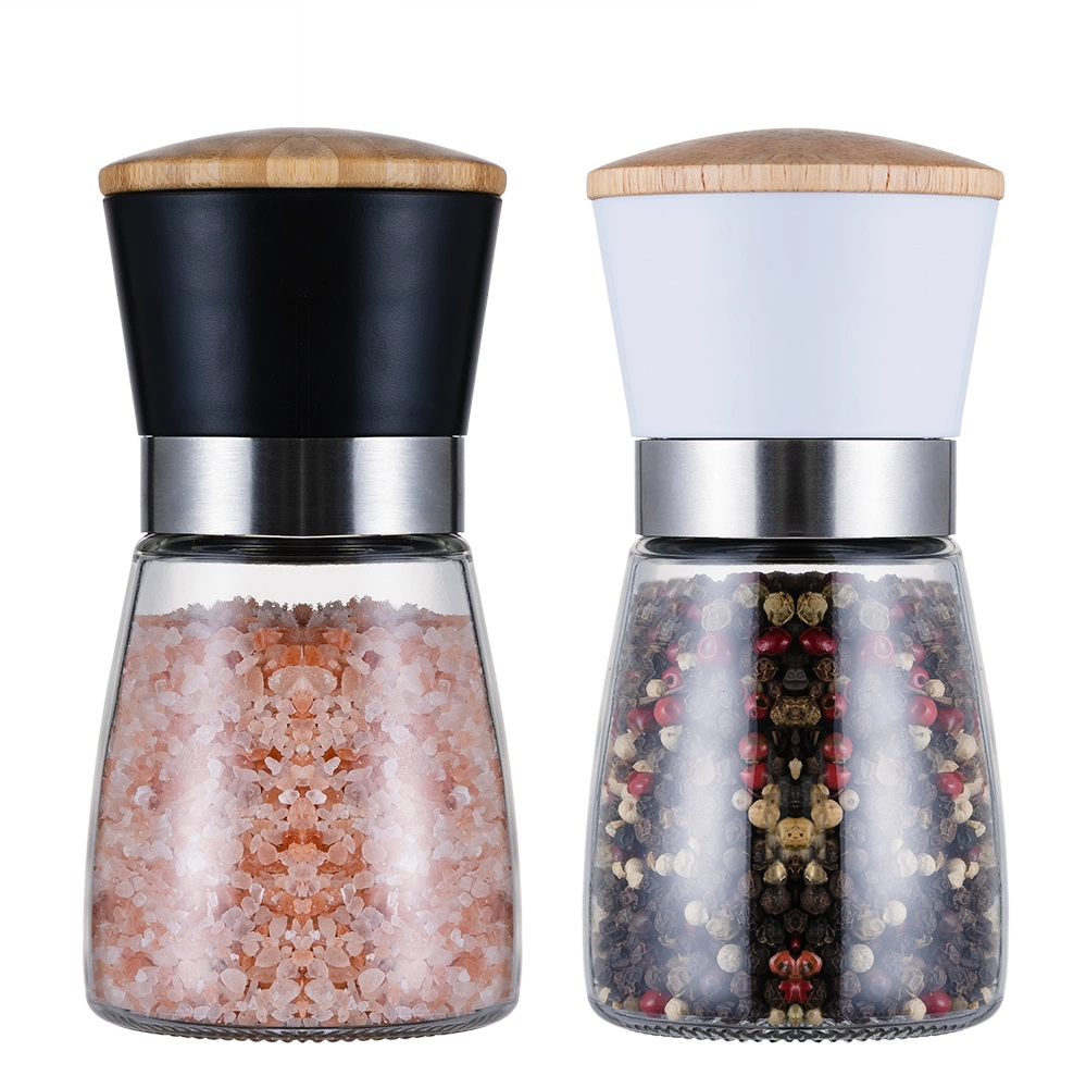 Spice Mill Glass Spice Bottle Salt and Pepper Grinder Set with Wooden Lid