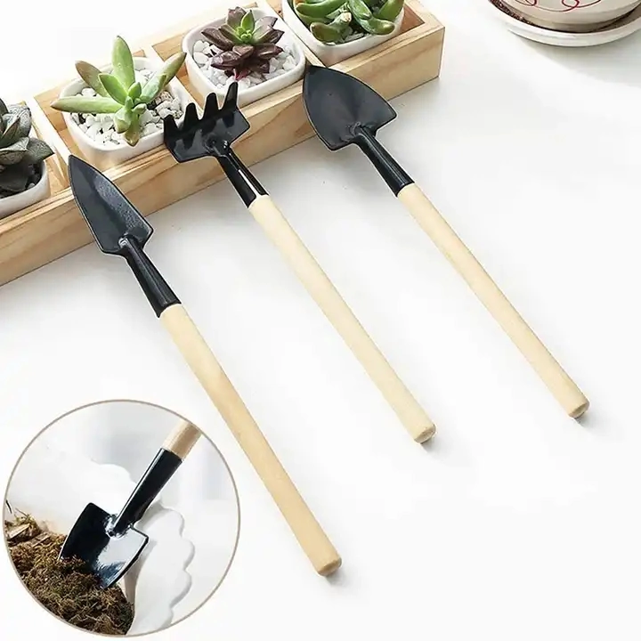 3pcs Petite pelle râteau Portable manche en bois Jeu d'outils de jardin