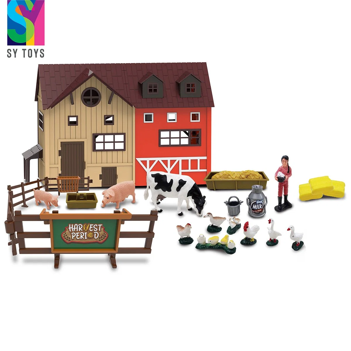 Sy Toys Pretend Play 101PCS DIY Plastic Small Animal Farm House Tractor Model Toys for Kids