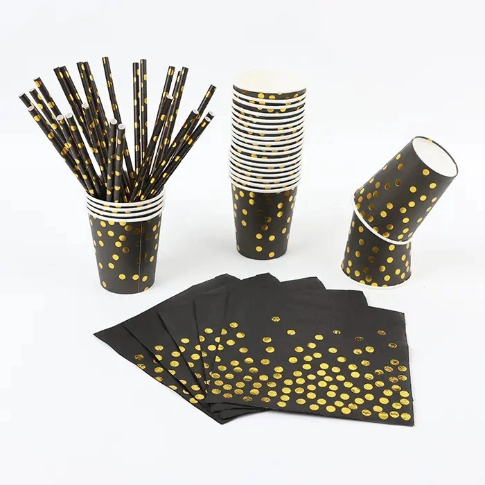 Black Printed Gold DOT Foil Dinnerware Dessert Dinner Paper Plates in Bulk