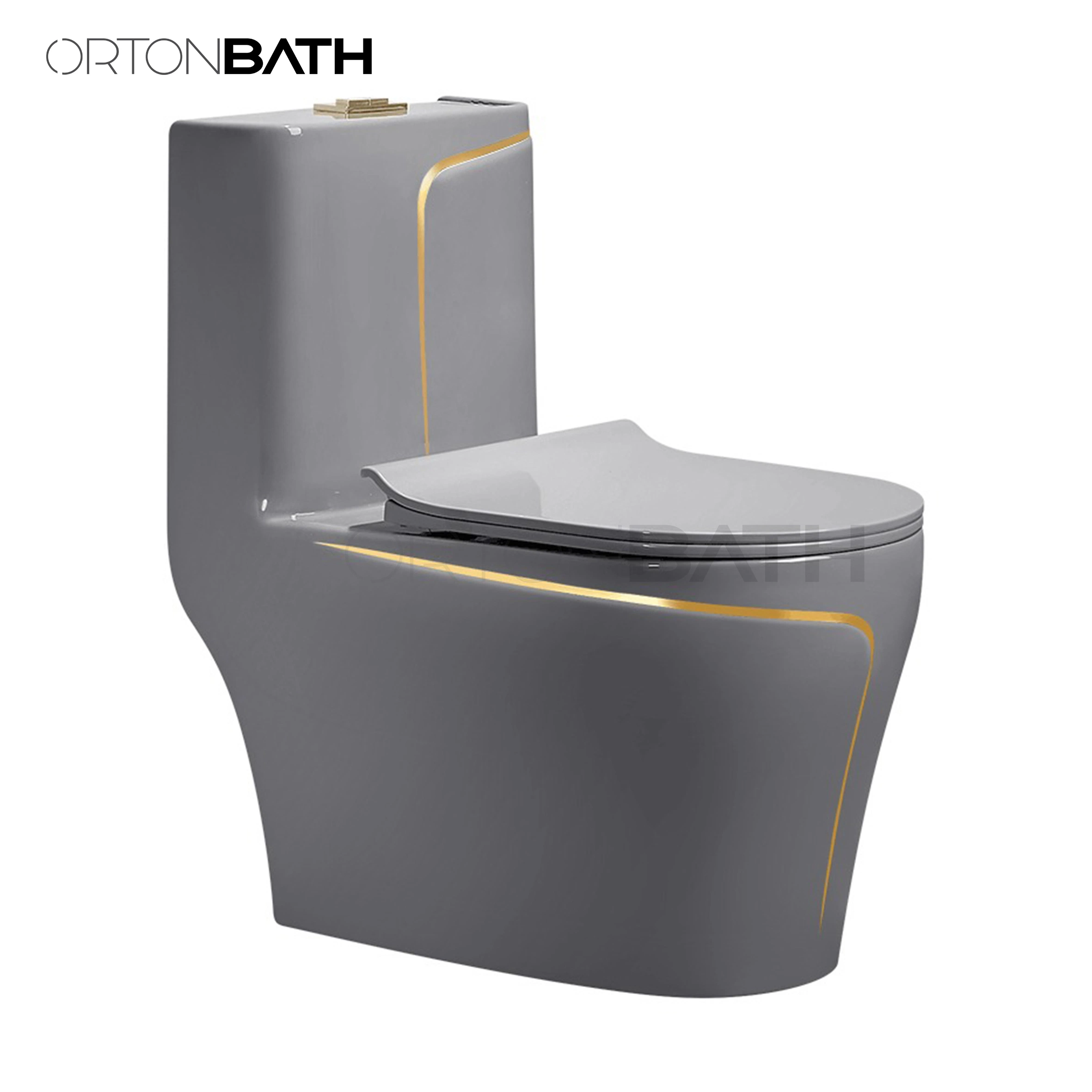 Ortonbath Bathroom Decor Luxury Diamond White Design Bathroom Wc Toilet Seat Farmhouse Toilet, Elongated Toilet with Gold Line Soft Close Seat Cover