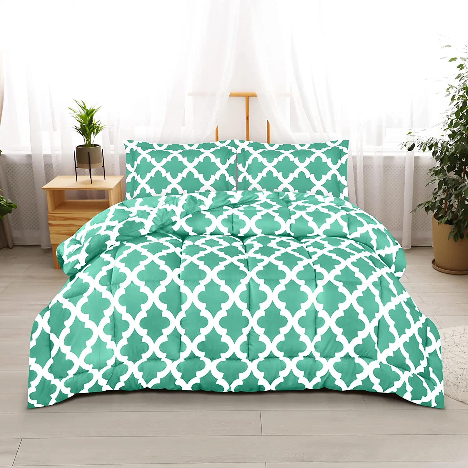 Bettzeug Tröster Set - Full Size Tröster Sets (Quatrefoil Sea Green) Mit 2 Kissen Shams - Bettwäschesets - Daunen Alternativer Tröster