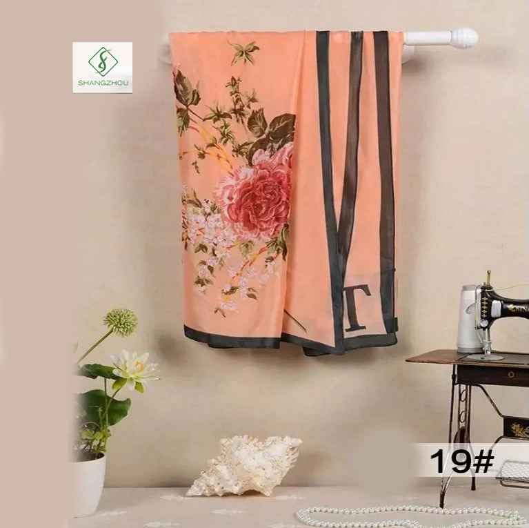 Hot Sale Lady Fashion Satin Silk Scarf with Flower Printed