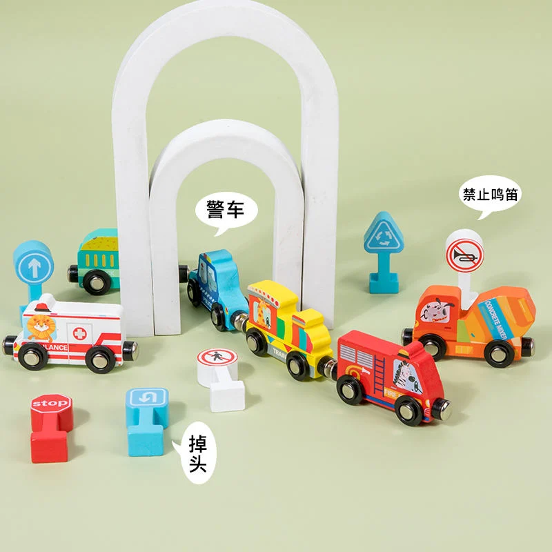 Quatre roues en bois voiture jouet Train de trafic de la signalisation routière de l'apprentissage cognitif des enfants véhicule l'illumination de jouets éducatifs