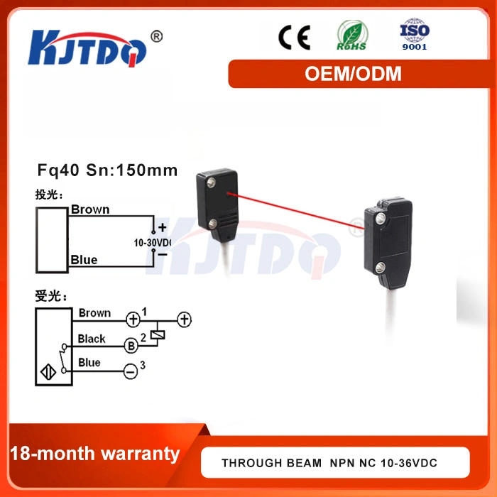 Kjt Fq40 IP67 Sn 150mm Through Beam Reflection Photoelectric Proximity Sensor