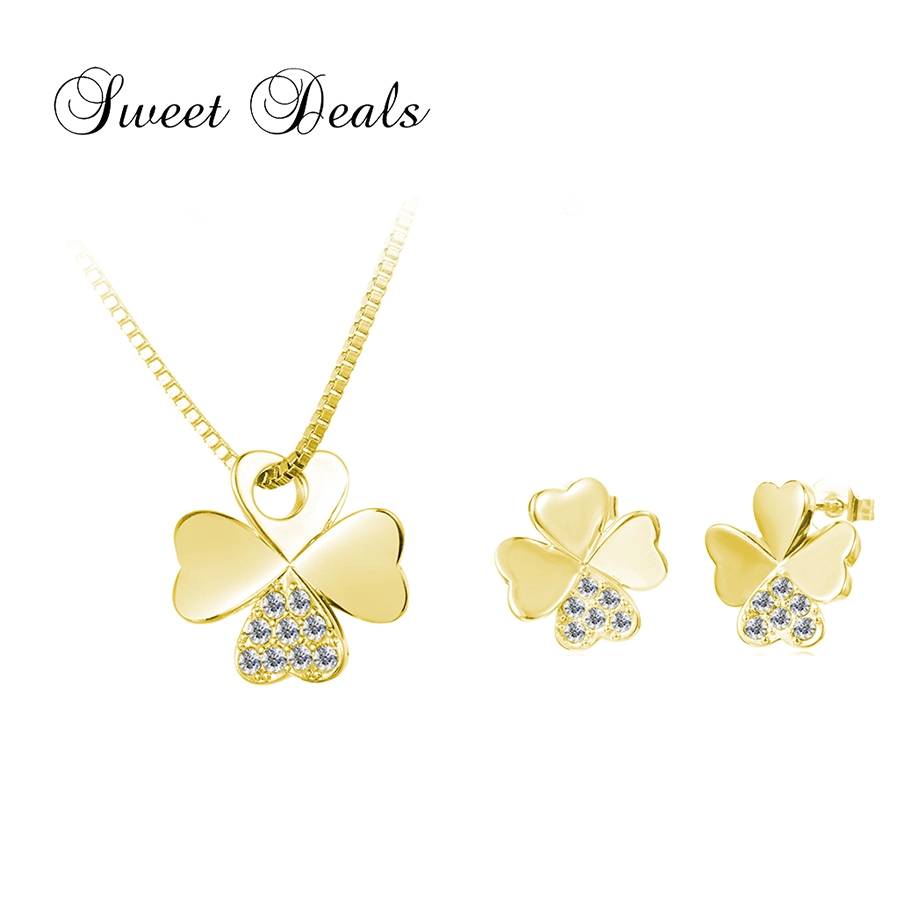 Four Leaf Clover Earrings Necklace Set Fashion Sliver Jewelry