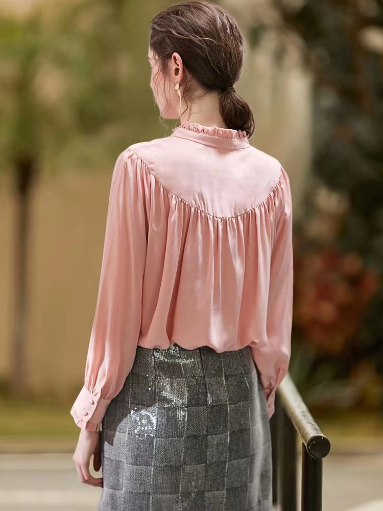 Ladies Unique Pink Color Loose Apparel Beatiful Western Style Ruffle Neck Blouse