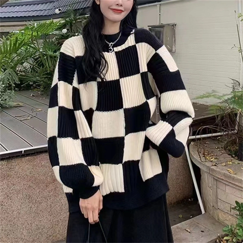 Checkerboard Sweater Female Autumn and Winter Design Sense New Top Retro Show Thin Lazy Wind Pullover Sweater