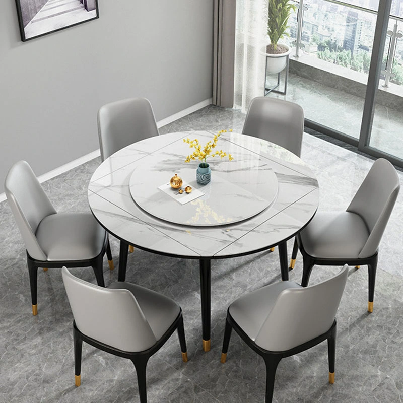 Производитель Дизайн высококачественный сперанный камень белый мрамор расширяемый круглый Обеденные столы с 6 стульев