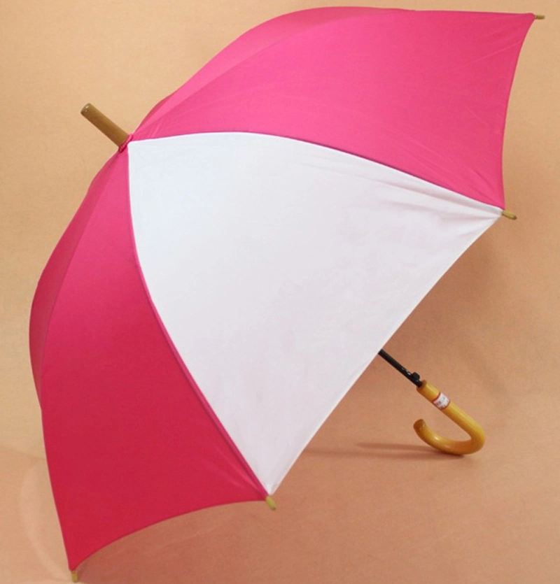 Pink/White Color Match Iron Sharft Metal Frame Straight Golf Umbrella with Wooden J Handle