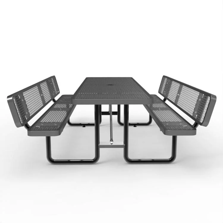 OEM 96" Table de pique-nique rectangulaire à l'extérieur, jardin et chaises de table en métal avec dossier, Expanded Metal, noir