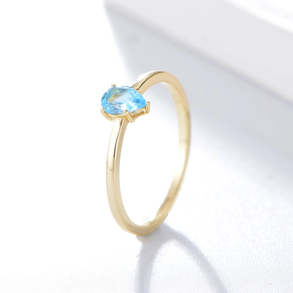 Wholesale/Supplier Natural Gemstone Rings 925 Sterling Silver Gold Pear Drop Blue Topaz Ring Jewelry