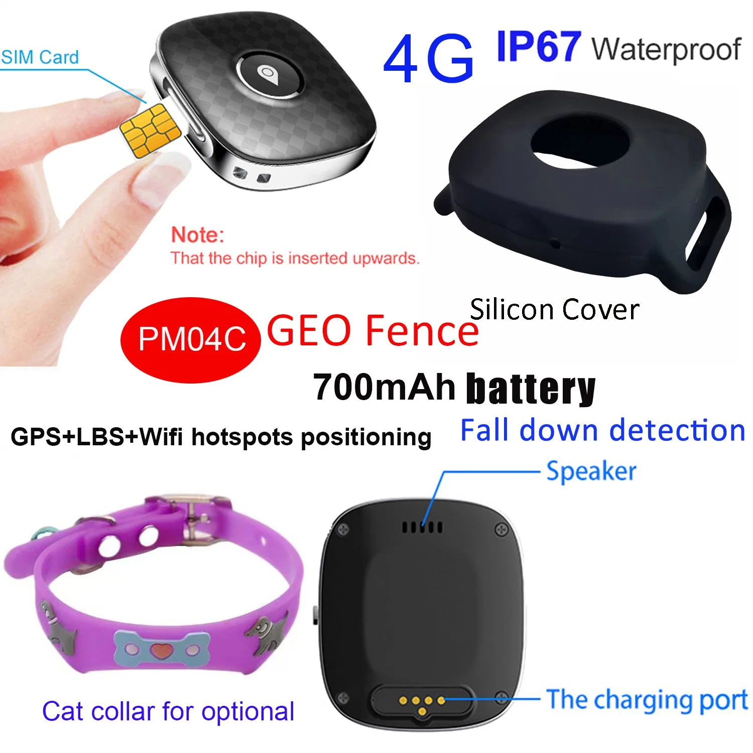 New Design LTE IP67 Waterproof Lbs WiFi Multi Tracking Puppies Mini GPRS Tracker GPS with Dog Collar for Pets Safety PM04C