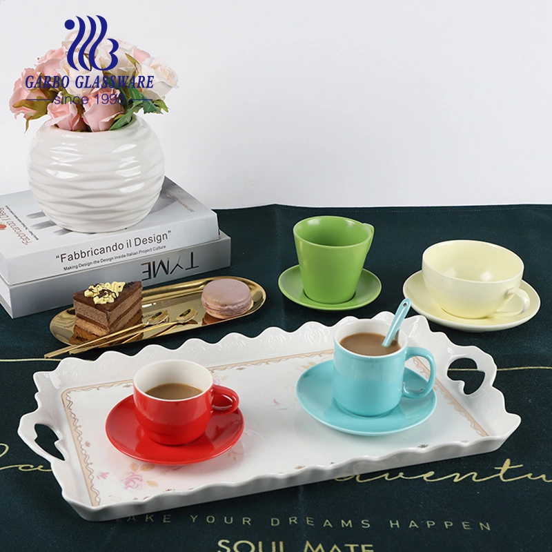 Customized Colors Glazed Magnesia Porcelain Tea Coffee Mug Sauser Set