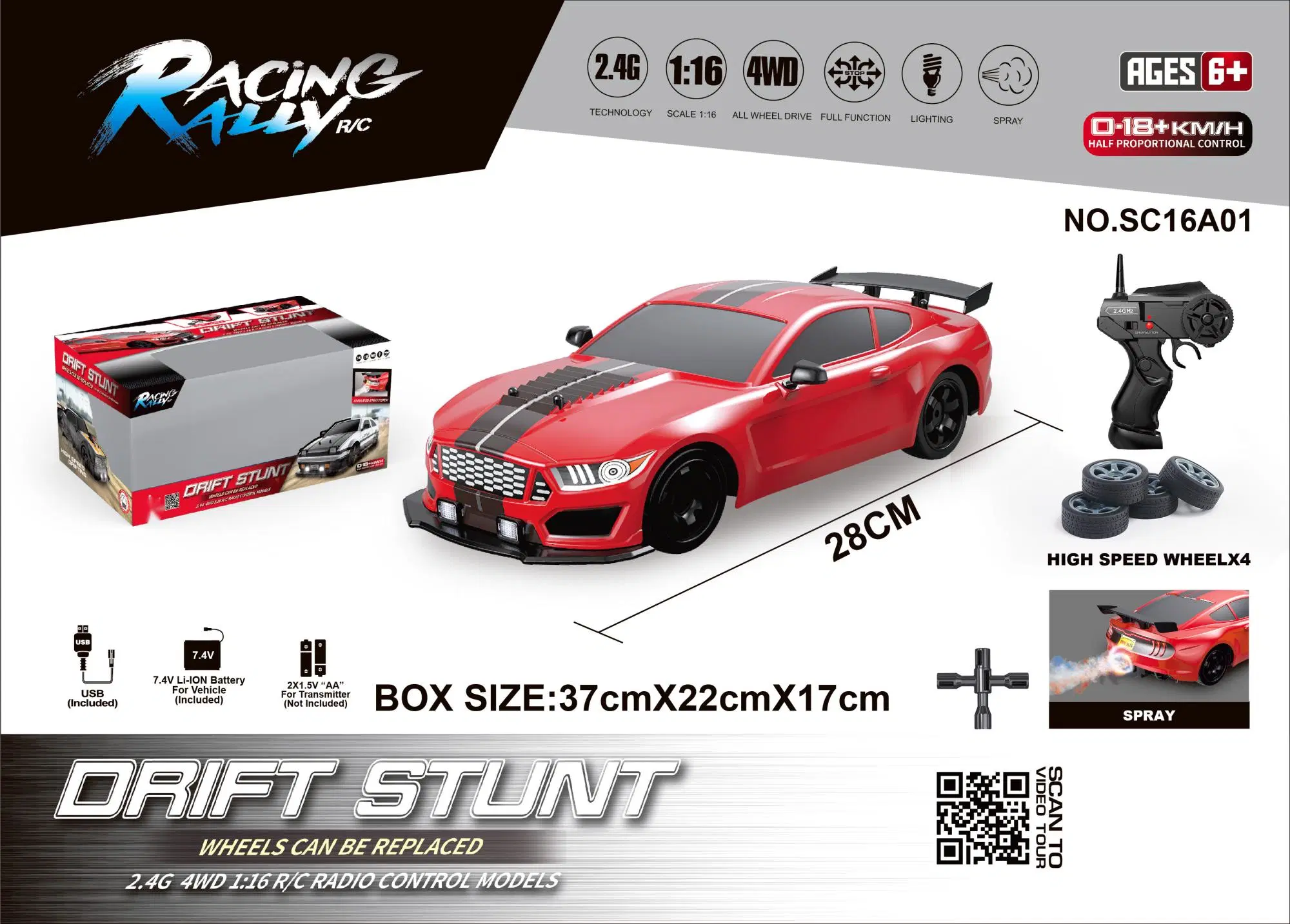 2022 New Product 1: 16 Simulation 4WD Drift Car Window Box 2.4GHz LED Lights Smoke Function Remote Control Distance of 35 Meters 4 Wheel Drive Drift Performance