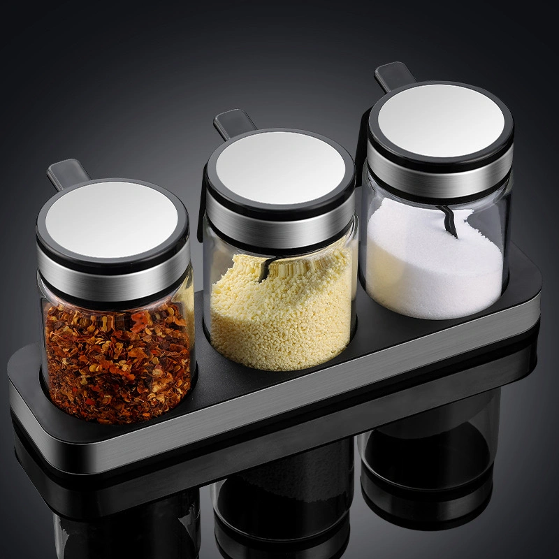 High Temperature Resistant Glass Seasoning Jar Set with Base Seasoning Bottle Stainless Steel Seasoning