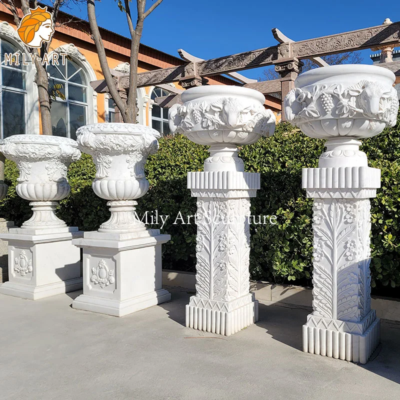 Jardín blanco tallado Diseño jarrón mármol Piedra macetas