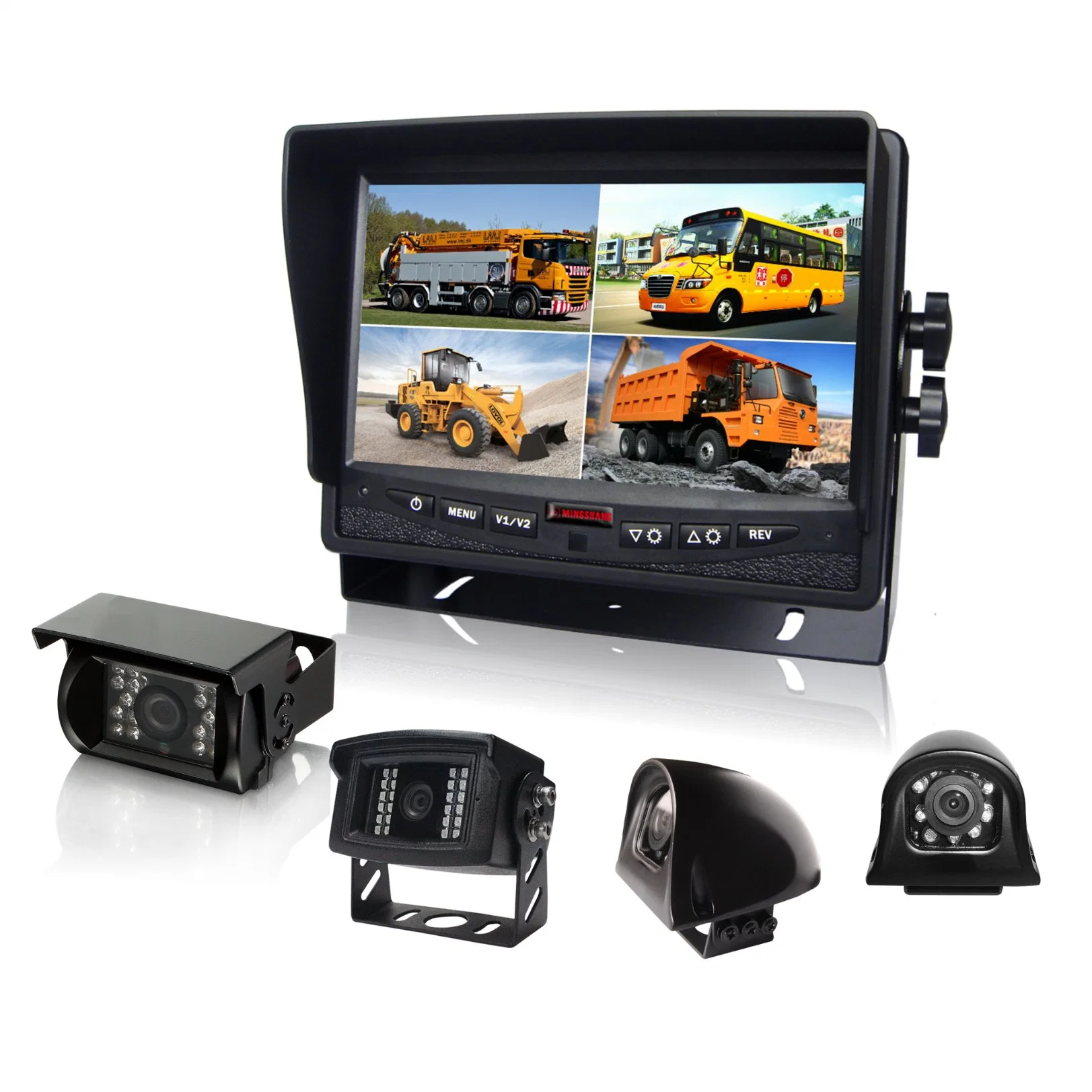 DC12V-24V 7inch Quad Rear View Car LCD Monitor 4CH AV for Truck, School Bus