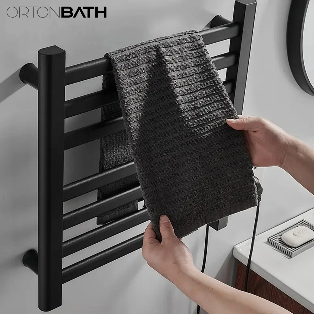 Ortonbath Matte Black Towel Warmer for Bathroom Wall Mounted CE Plug-in Electric Heated Towel Rack Stainless Steel 4 Bars Drying Rack