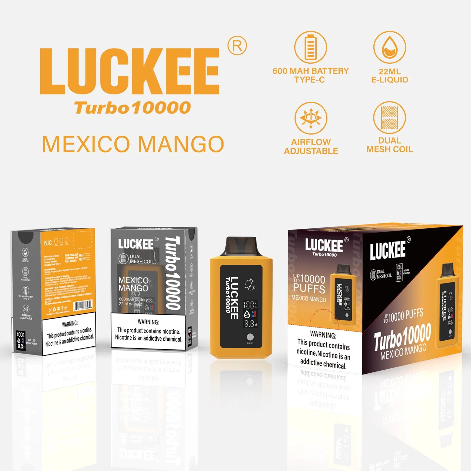 Stock dos EUA expedição gratuita de frascos descartáveis Vape Turbo de 10000, 22 ml Bobinas de malha dupla líquida com indicador LED