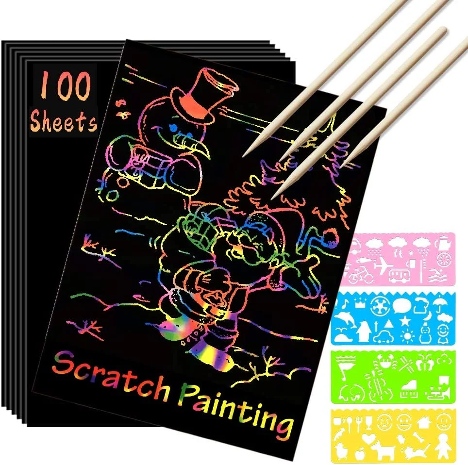 100 hojas de papel de arcoiris Scratch Art Set con 10 Lápiz de madera y 4 plantillas para niños bricolaje de Navidad Artesanía