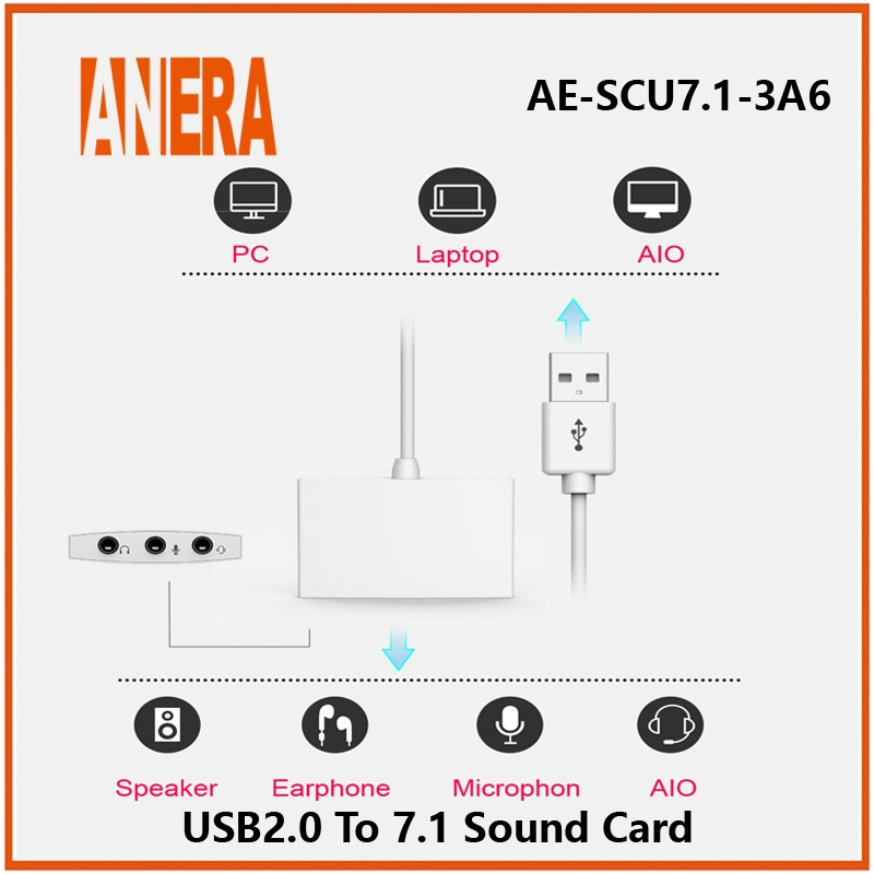 Anera Hot Selling 3 in 1 External Audio Adapter USB C Soundkarte mit Stereo Virtual 7,1 Kanal