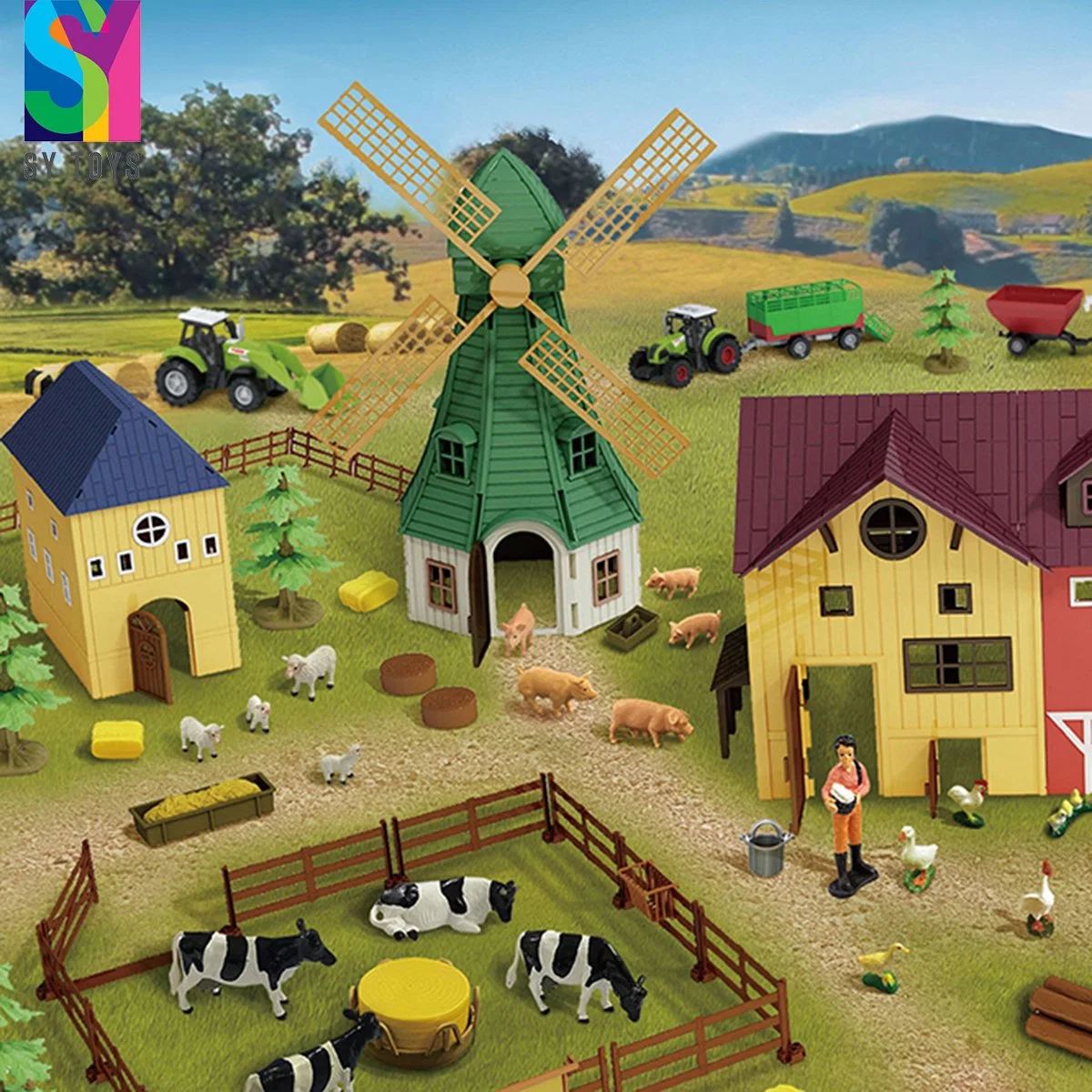 Sy Toys Pretend Play DIY Plastic Small Animal Farm House Tractor Model Toys for Kids