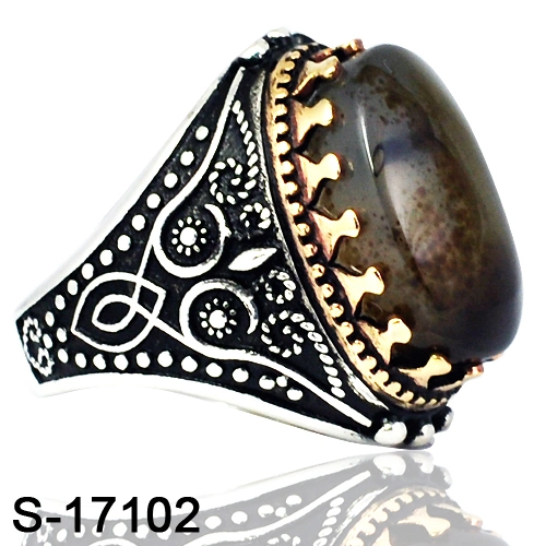 Fashion Jewelry 925 Sterling Silver Islamic Big Agate Stone Finger Ring for Men