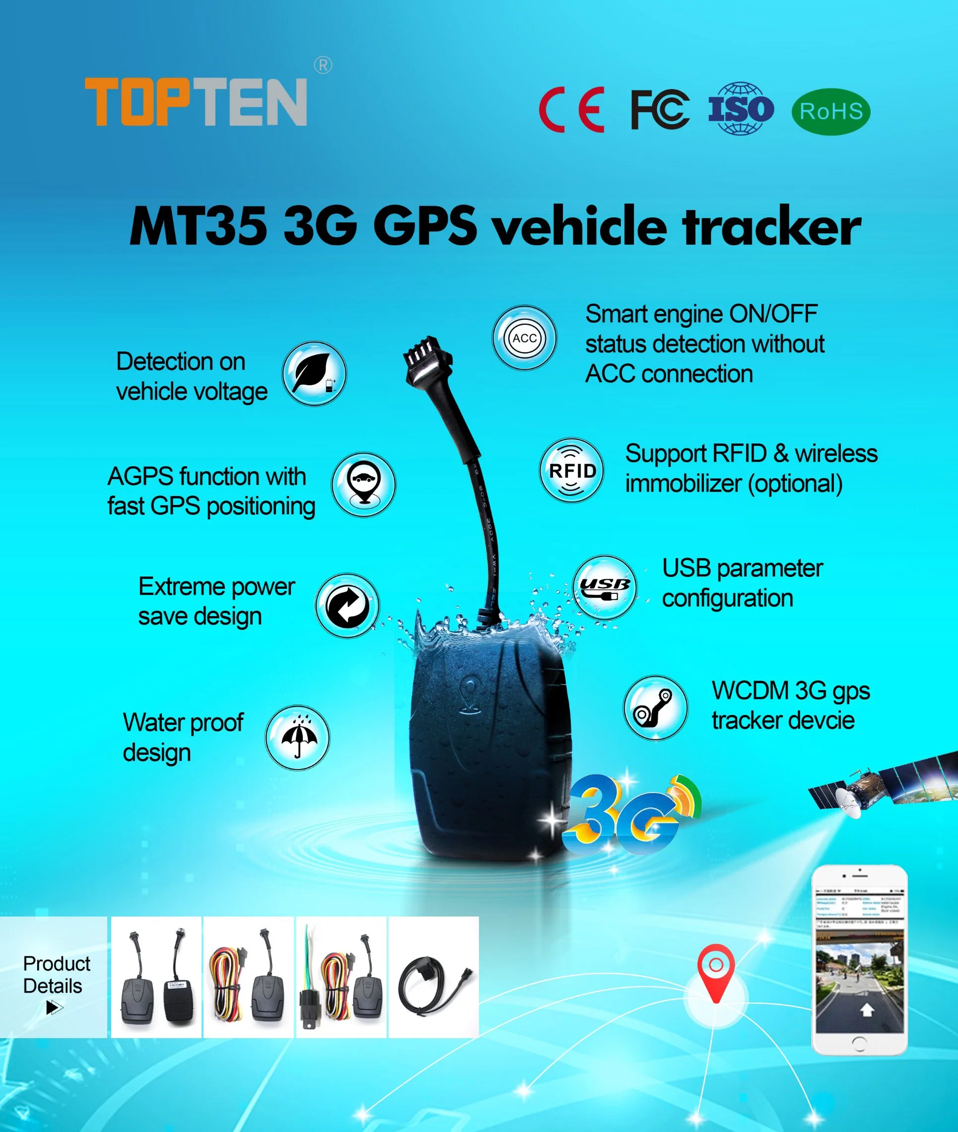 GPS Auto Alarm Top Security Systems Unterstützung 3G WCDMA Tracking Mt35-Wy