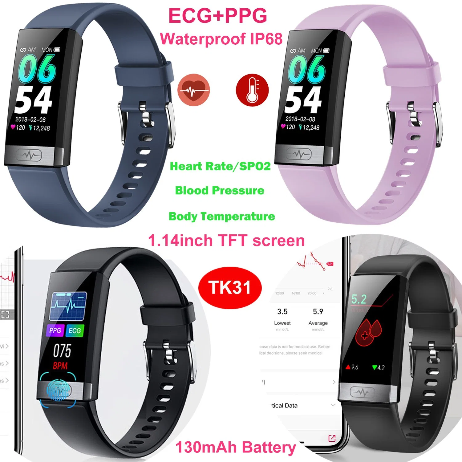 Best Quality IP68 Waterproof ECG Long Battery Life PPG HR Blood Pressure Blood Glucose Monitoring Bluetooth Sport Smartwatch TK31
