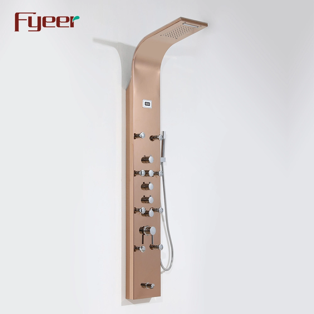 Fyeer Multifunction Rose Gold Temperature Sensor Shower Panel with 8PCS Massage Jets