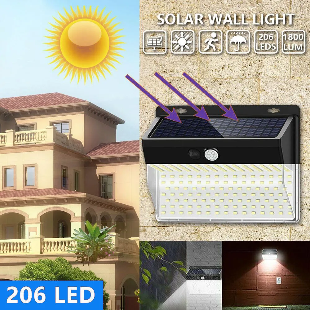 Wide Angle Wireless Waterproof 206 LED Security Lamparas Solar Sensor Wall Light Outdoor LED Garden Lighting