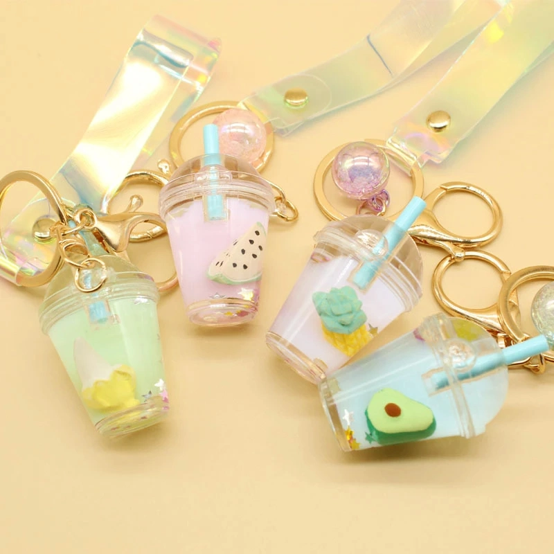 Liquid Filled Plastic Star Fire Truck Bundles of Key Ring Wholesale/Supplier Fruit Tea Boba Mini Toy Hot Selling Popular Decoration Keychain for Sale